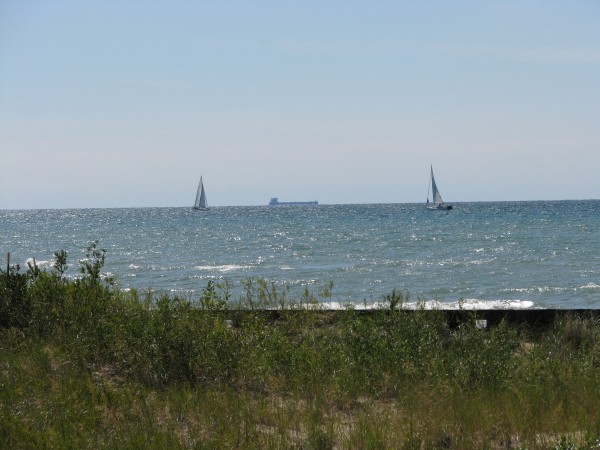 Freighter and Sail Boats